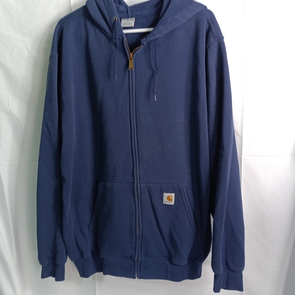 Carhartt Mens Full Zip Hooded Sweatshirt Navy Blue Fleece Lined Hoodie Size L